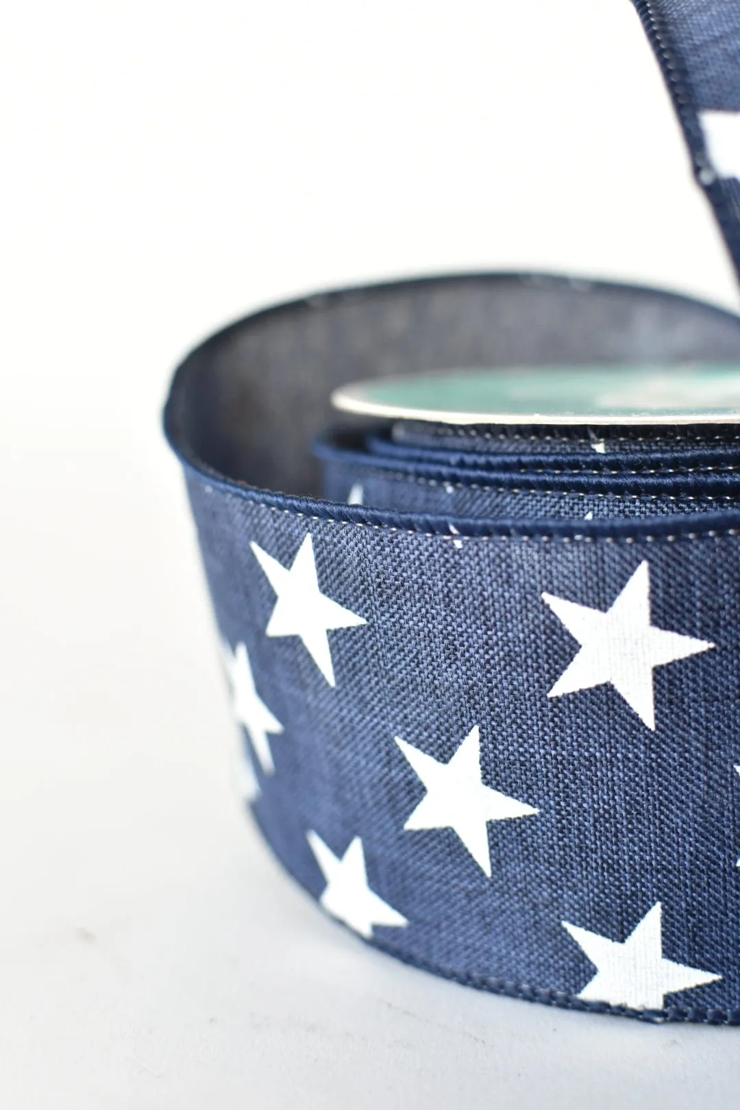 2.5" x 10yd Blue Faux Linen Ribbon w/ White Stars