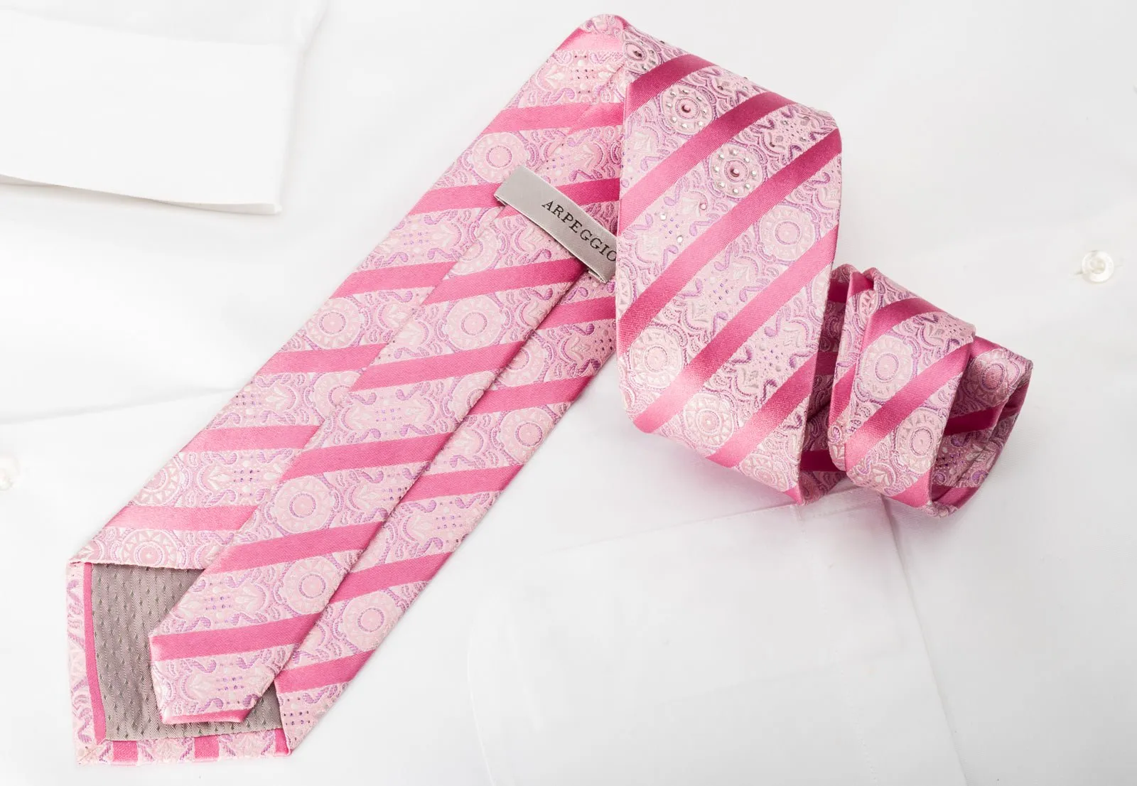 Arpeggio Rhinestone Silk Necktie Striped On Pink With Pink Sparkles