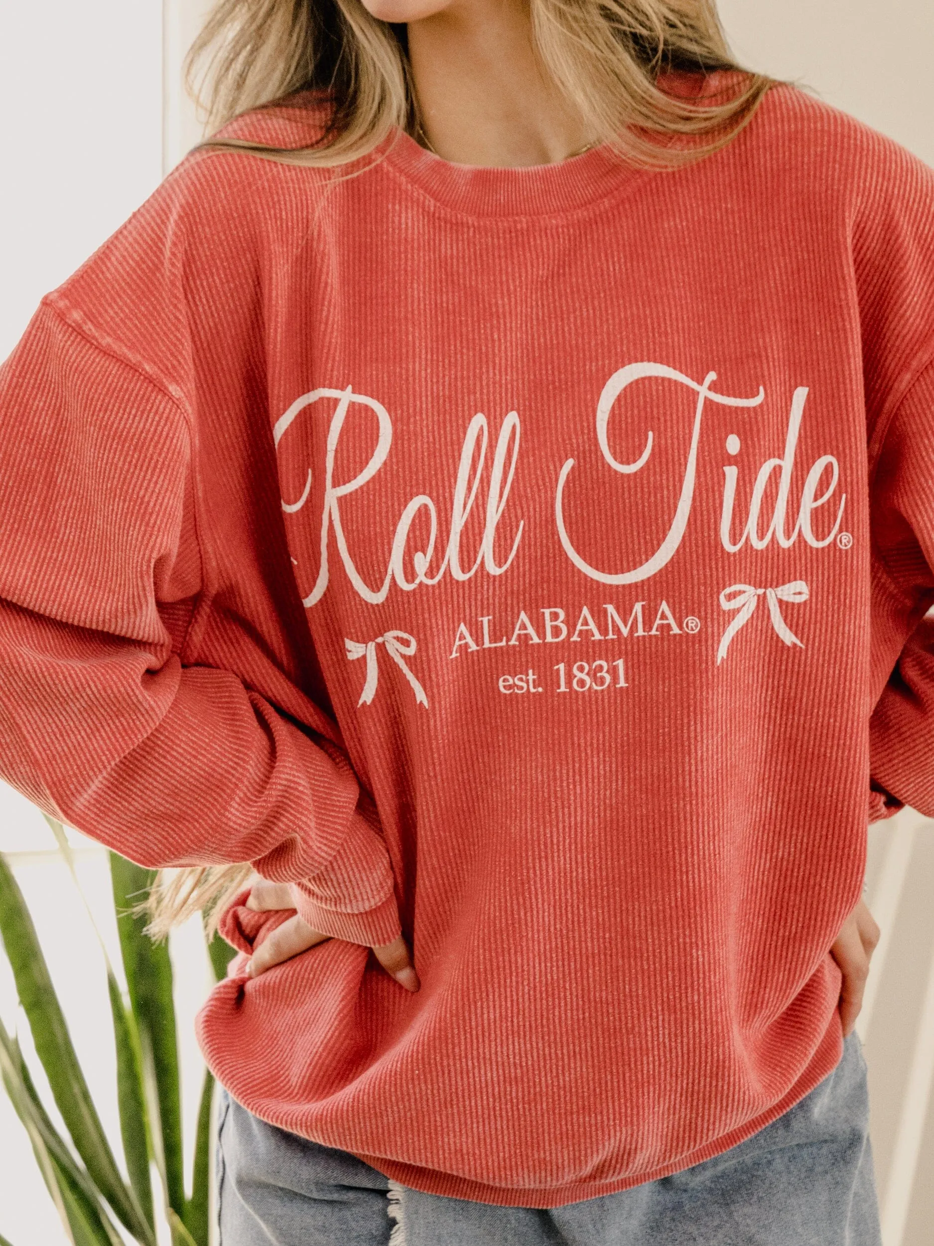 Bama Established Bows Red Corded Crew Sweatshirt