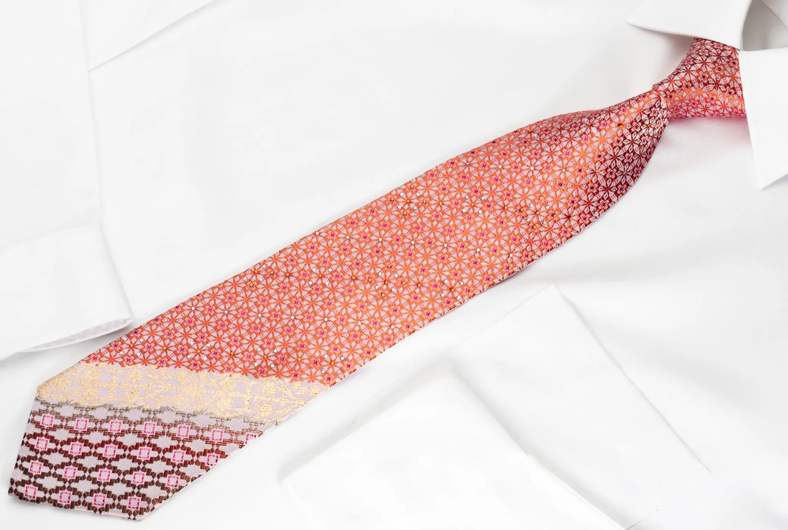 Belformo Rhinestone Silk Necktie Orange Geometric On White With Sparkles