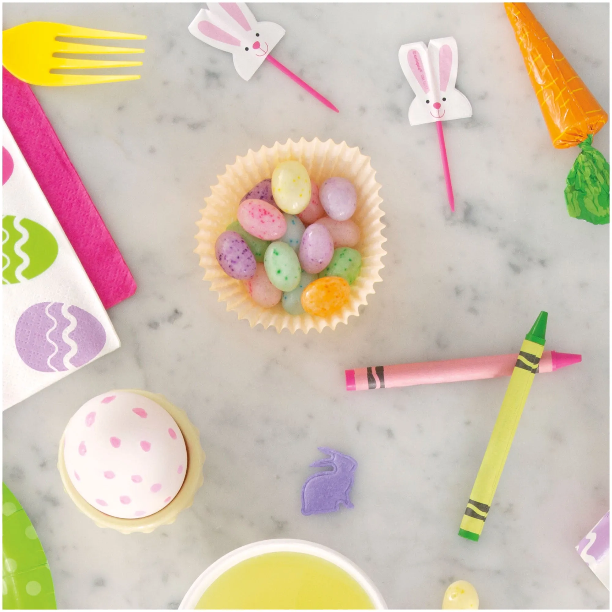 Bunny Rabbit Food Picks and Yellow Polka Dot Liners for 24 Cupcakes