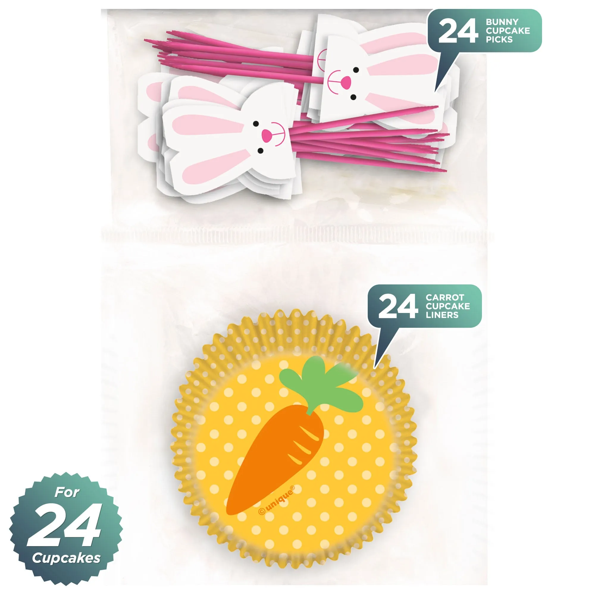 Bunny Rabbit Food Picks and Yellow Polka Dot Liners for 24 Cupcakes