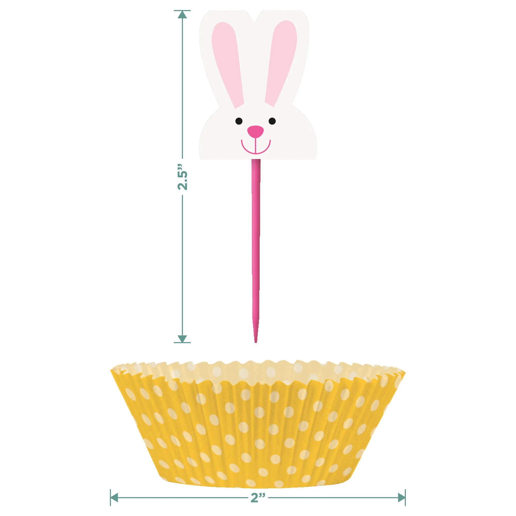 Bunny Rabbit Food Picks and Yellow Polka Dot Liners for 24 Cupcakes