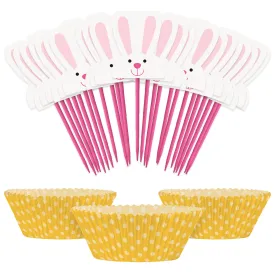 Bunny Rabbit Food Picks and Yellow Polka Dot Liners for 24 Cupcakes