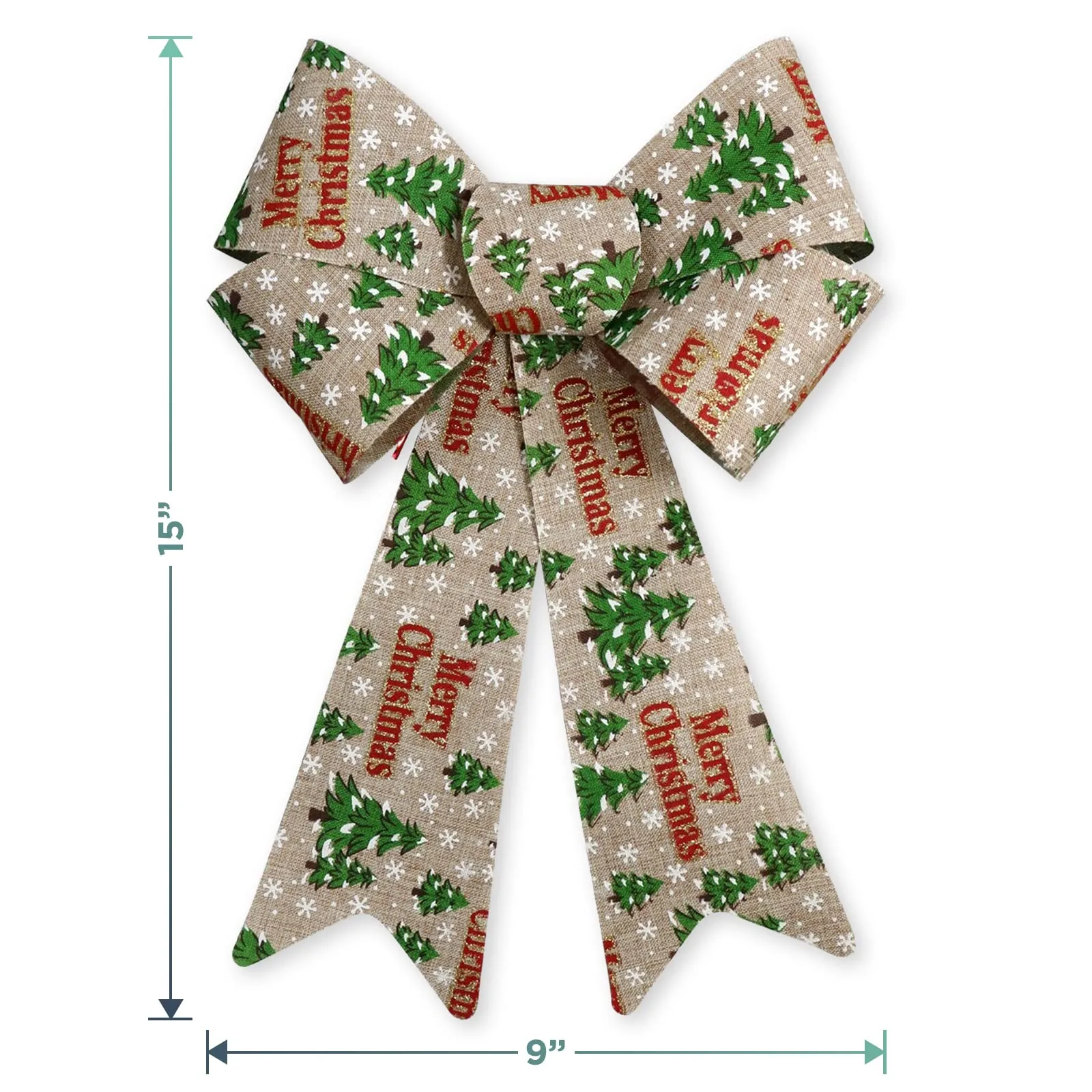 Burlap Merry Christmas Tree Bows for Christmas and Holiday Decorations, 9" x 15" Inch (Pack of 4)