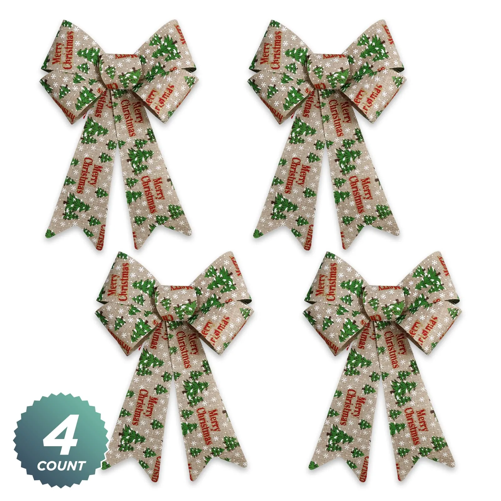 Burlap Merry Christmas Tree Bows for Christmas and Holiday Decorations, 9" x 15" Inch (Pack of 4)