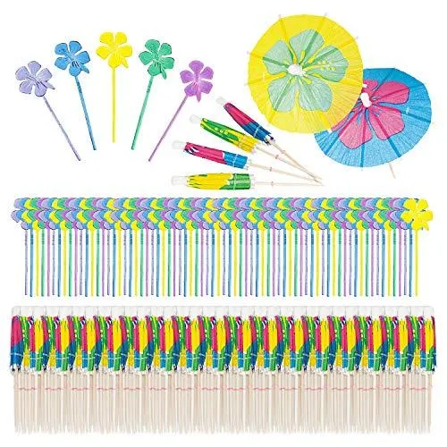 Cocktail Umbrellas and Food Picks for Luau Party - 144 count Umbrellas and 72 Food Picks (Hibiscus Flower Pattern)