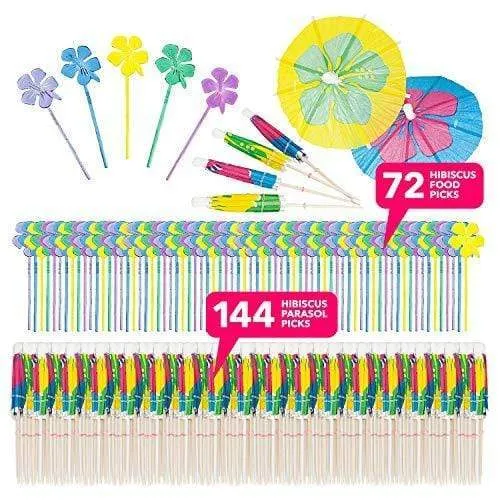 Cocktail Umbrellas and Food Picks for Luau Party - 144 count Umbrellas and 72 Food Picks (Hibiscus Flower Pattern)