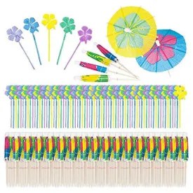 Cocktail Umbrellas and Food Picks for Luau Party - 144 count Umbrellas and 72 Food Picks (Hibiscus Flower Pattern)