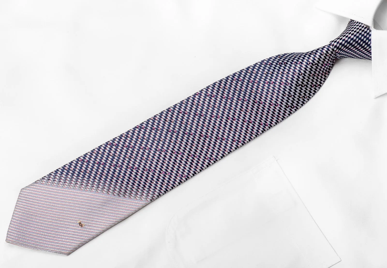 Daks Men's Crystal Silk Tie Blue Silver Geometric Checker With Red Sparkles