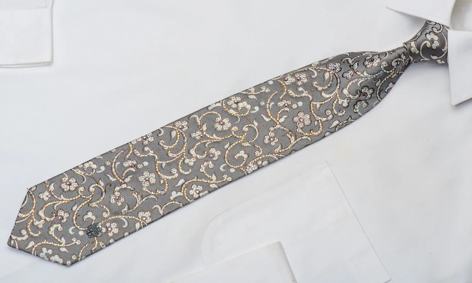 Daks Men's Rhinestone Silk Necktie Floral On Silver With Sparkles