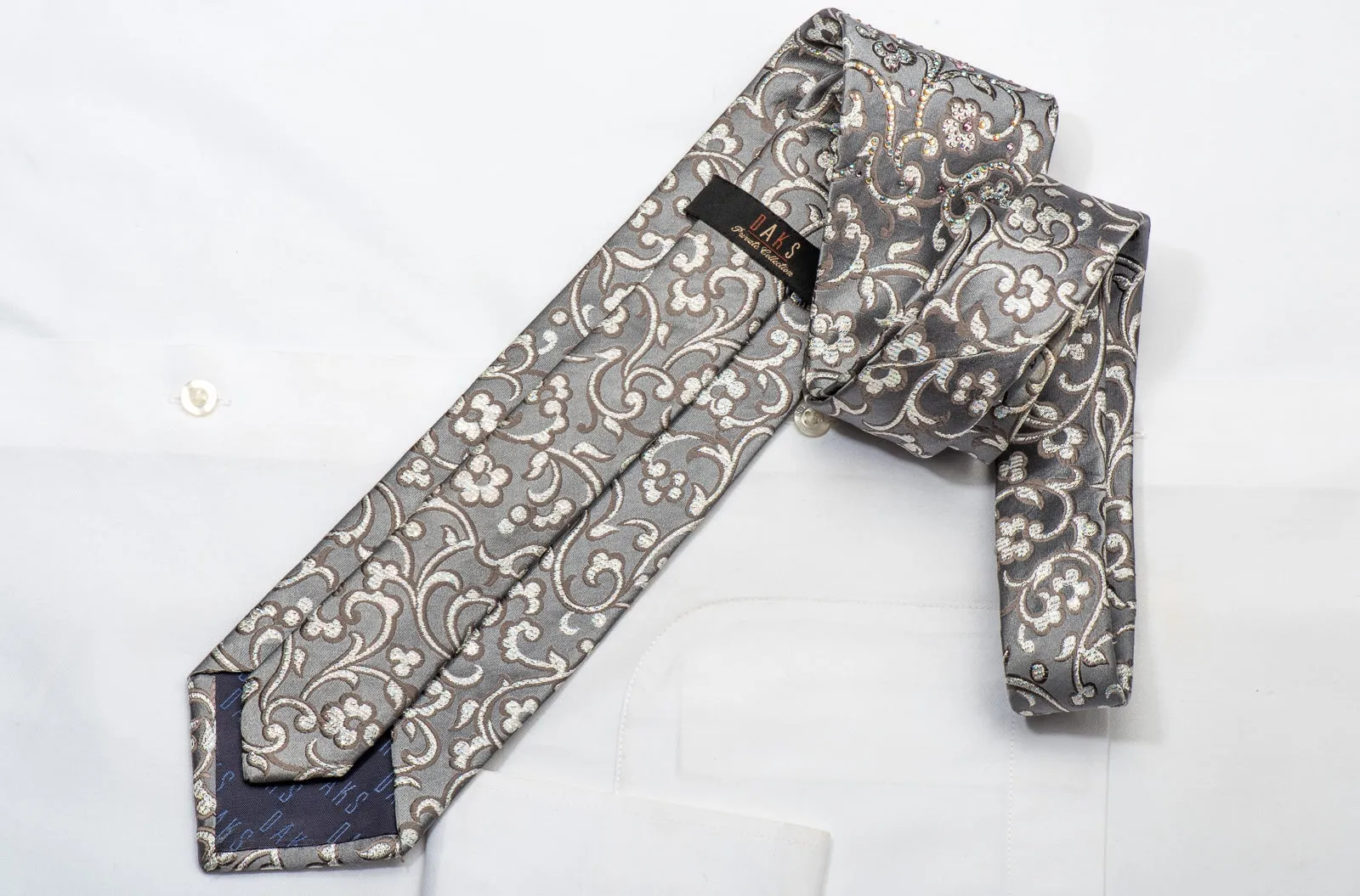 Daks Men's Rhinestone Silk Necktie Floral On Silver With Sparkles