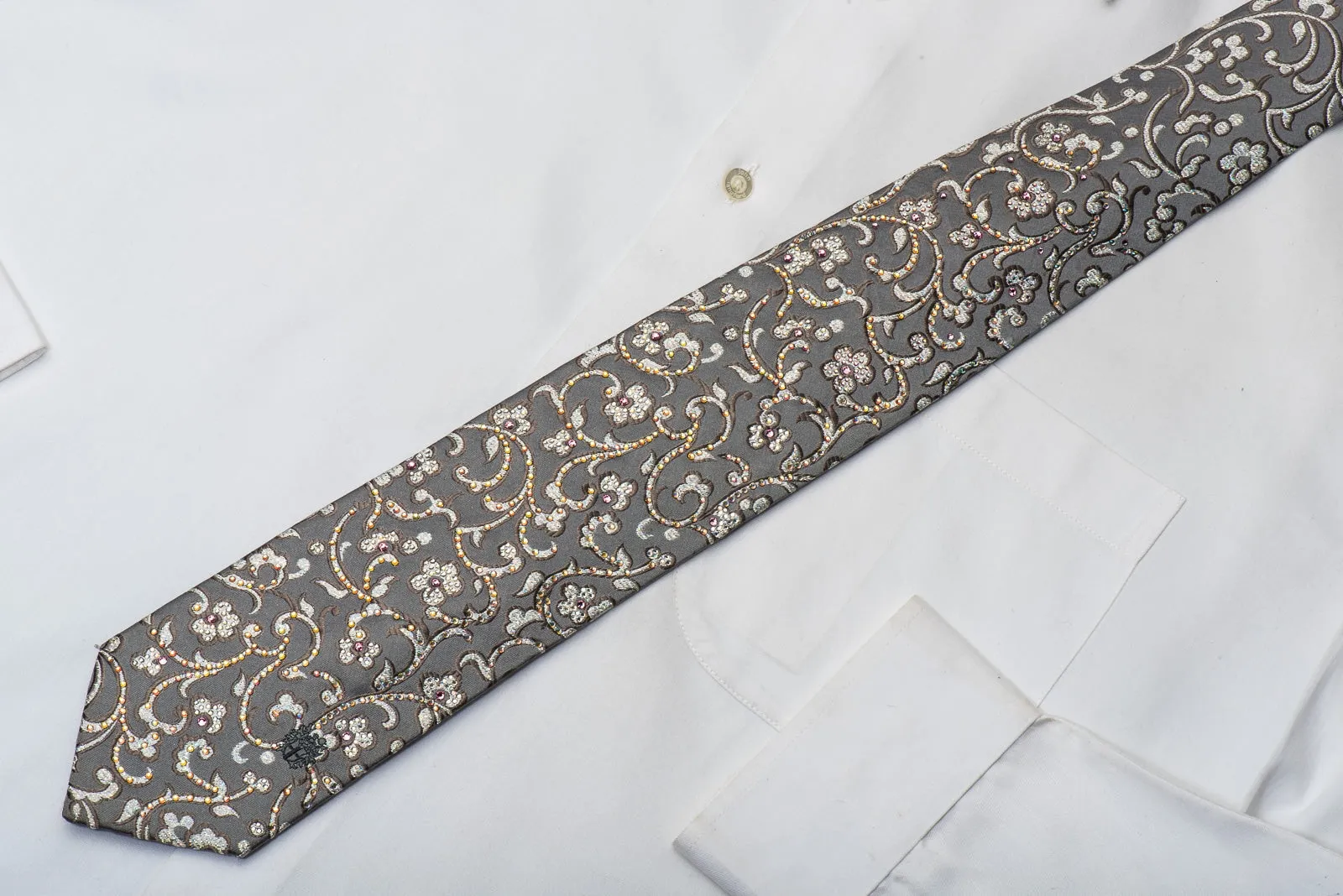 Daks Men's Rhinestone Silk Necktie Floral On Silver With Sparkles