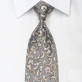 Daks Men's Rhinestone Silk Necktie Floral On Silver With Sparkles