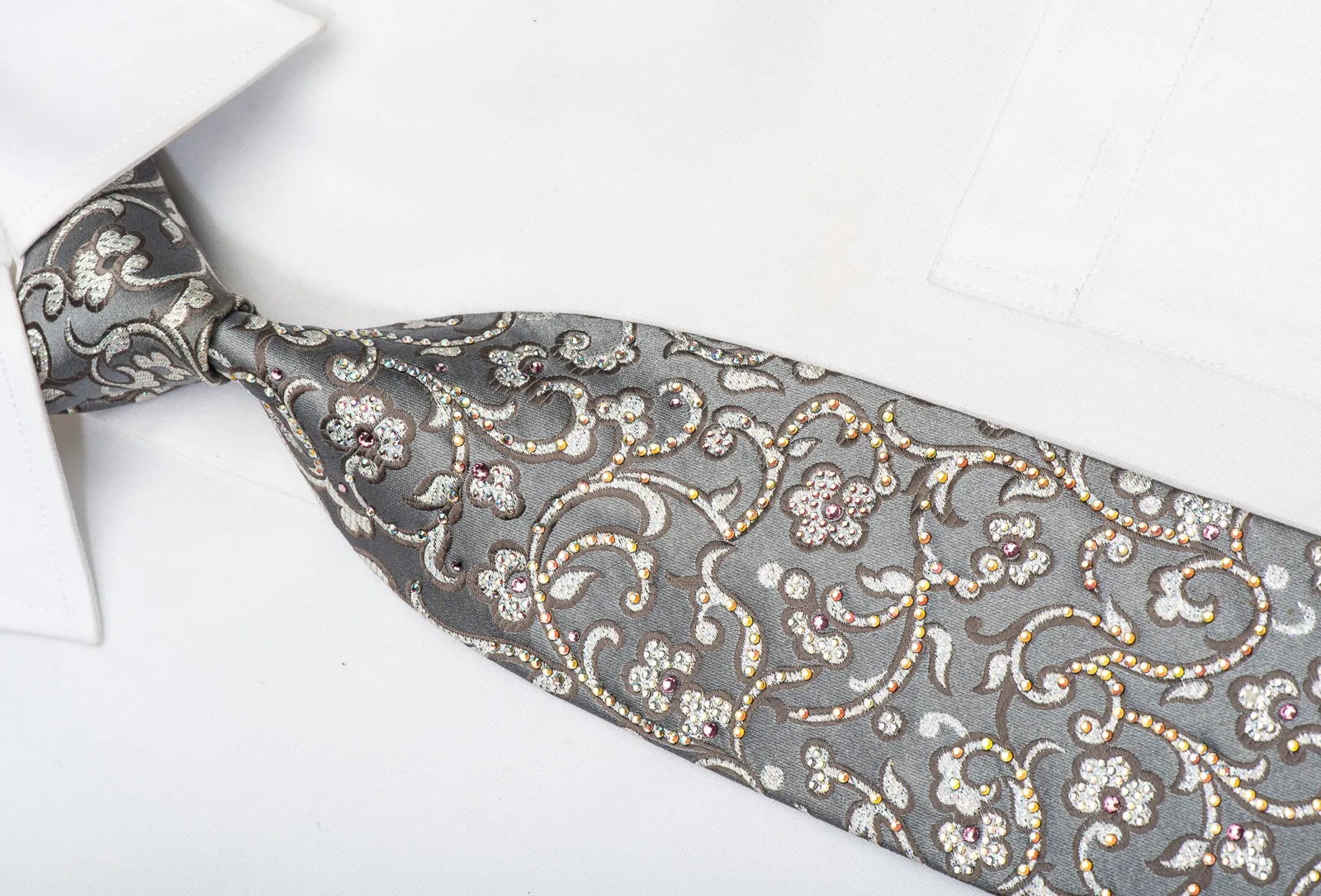 Daks Men's Rhinestone Silk Necktie Floral On Silver With Sparkles