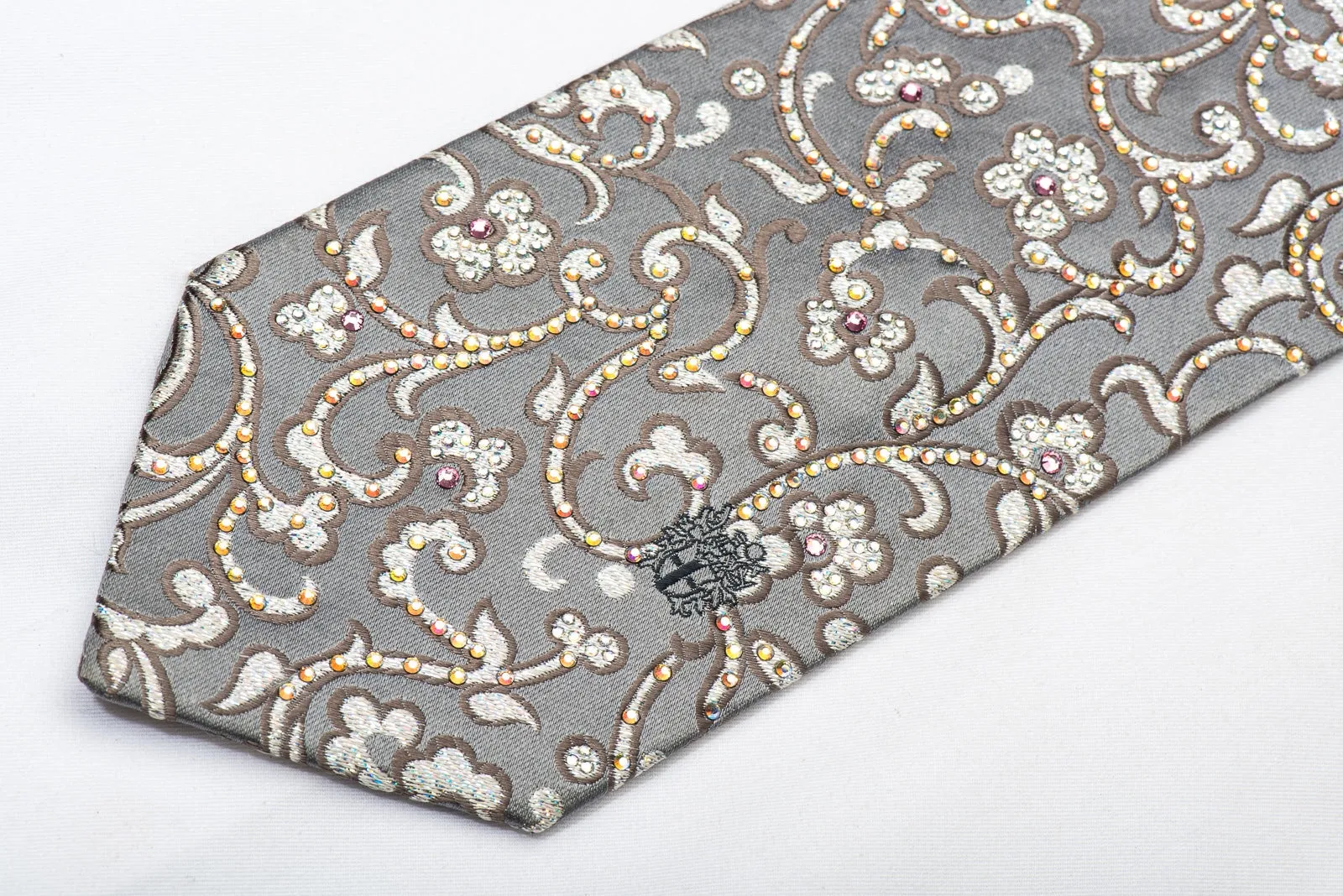 Daks Men's Rhinestone Silk Necktie Floral On Silver With Sparkles