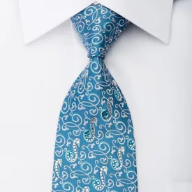 Daniel Hechter Men's Silk Tie Silver Filigree On Blue Sparkling With Rhinestones