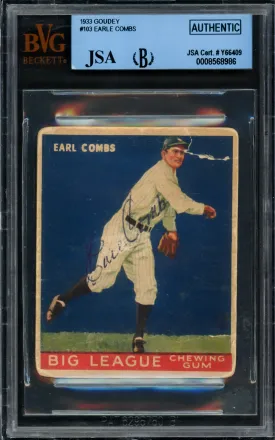 Earle Combs Autographed 1933 Goudey Rookie Card #103 New York Yankees JSA #Y66409