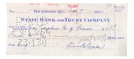 Earle Combs New York Yankees Signed  Bank Check BAS