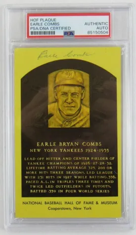 Earle Combs Signed HOF Plaque PSA/DNA Encapsulated