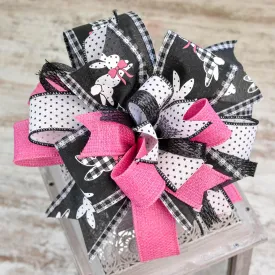 Easter Bunny Black Pink White Lantern Wreath Bow - Burlap Wreath Embellishment for Making Your Own - Layered Full Handmade Farmhouse Already Made (Easter (Black/Pink/White)