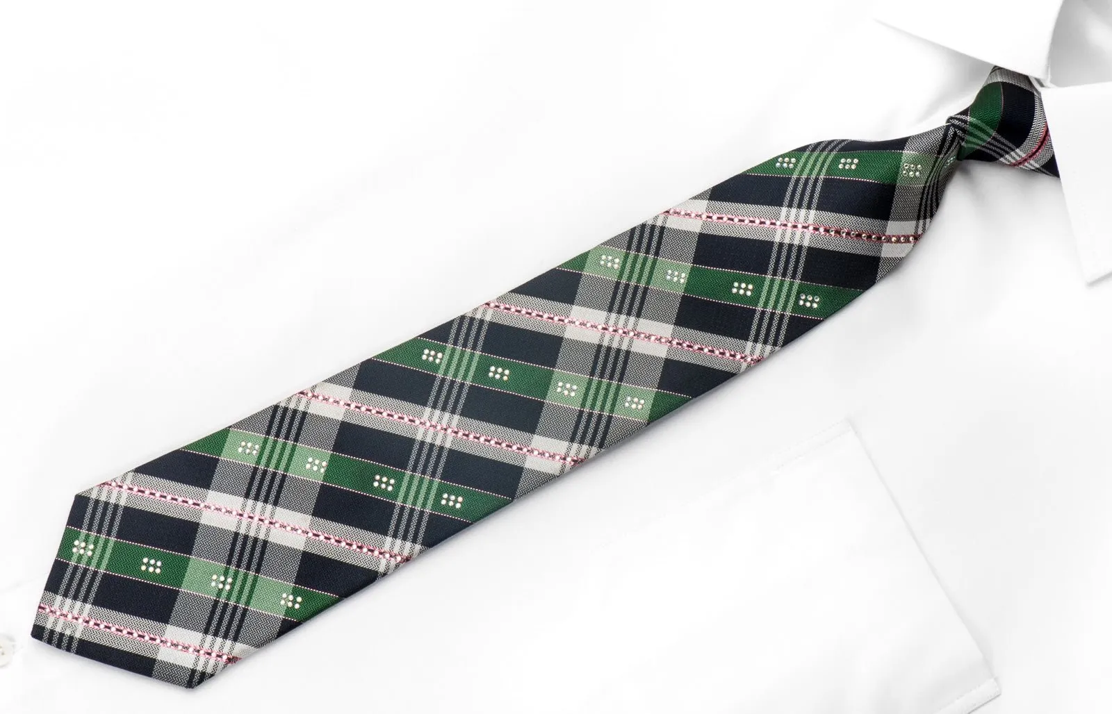 Franco Ferraro Men's Rhinestone Silk Necktie Green Navy Plaid Design With Sparkles