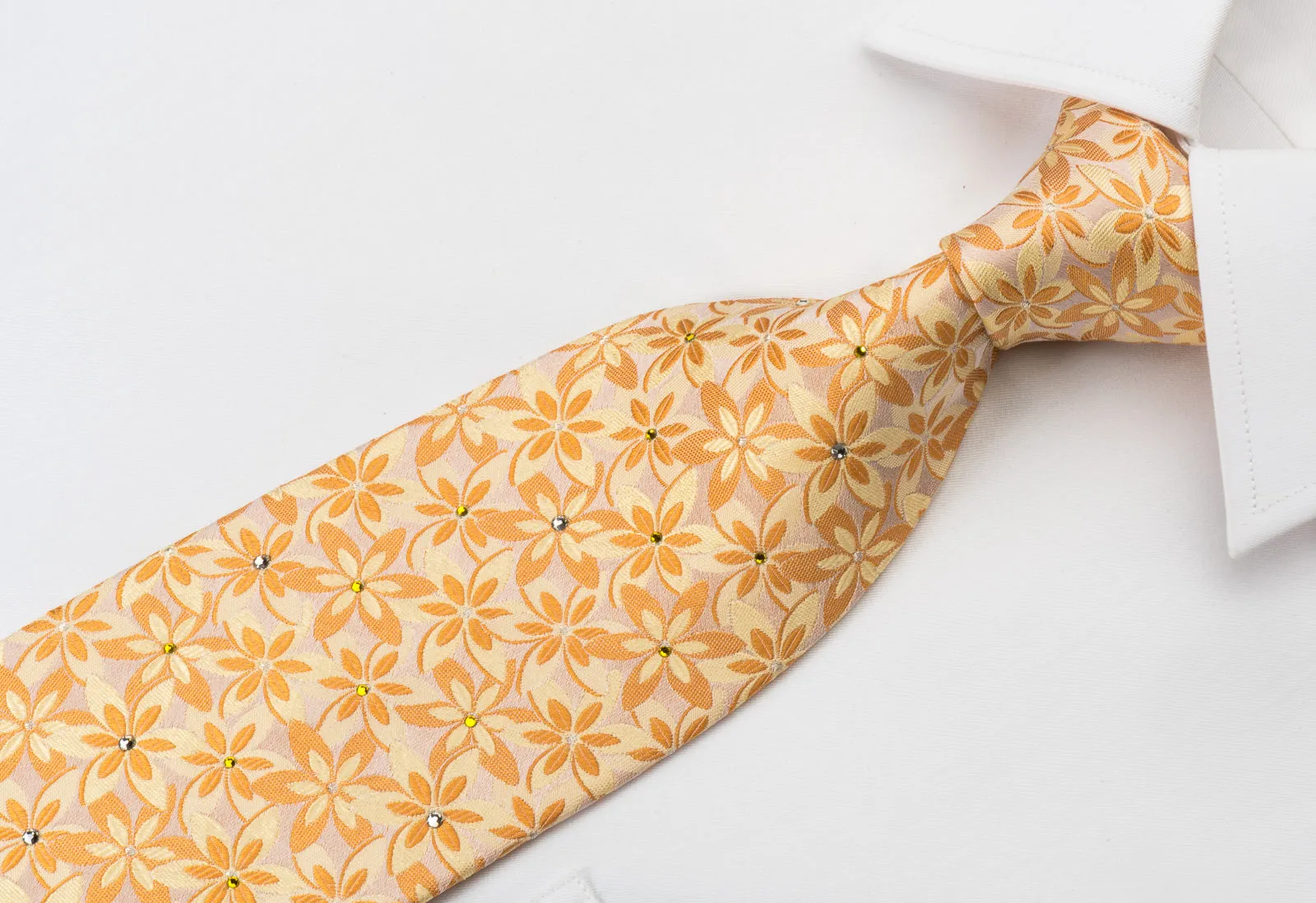 Indian Homme Rhinestone Necktie Floral On Orange With Silver Sparkles