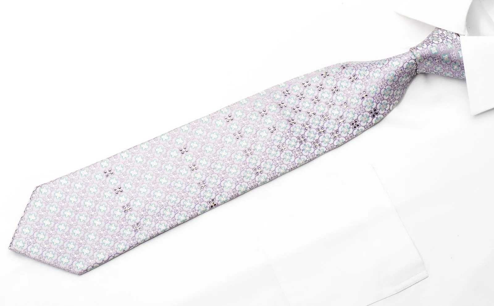 Maestro Men's Silk Tie Mauve Blue Foulard On Silver Sparkling With Rhinestones