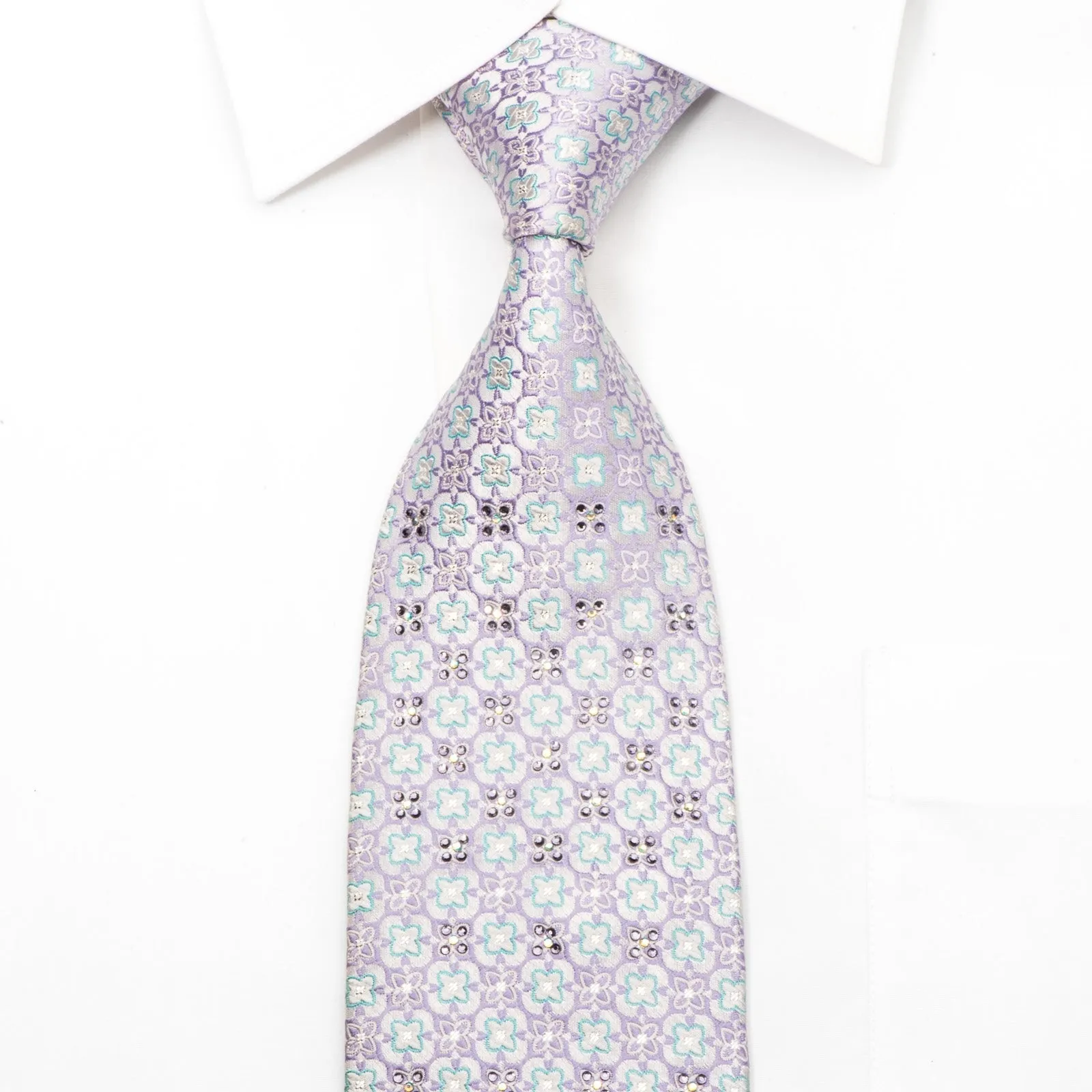 Maestro Men's Silk Tie Mauve Blue Foulard On Silver Sparkling With Rhinestones