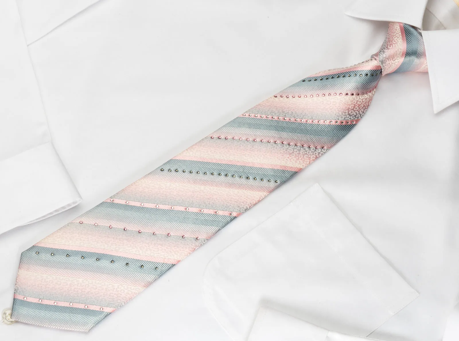 Metro City Silk Tie Silver Pink Striped With Crystal Rhinestones