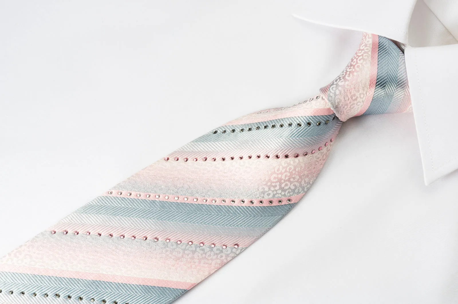 Metro City Silk Tie Silver Pink Striped With Crystal Rhinestones