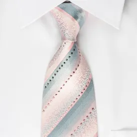 Metro City Silk Tie Silver Pink Striped With Crystal Rhinestones