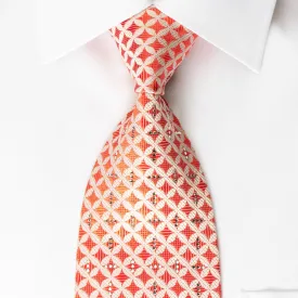 Michiko Koshino Rhinestone Silk Tie Orange Geometric On White With Gold Sparkles