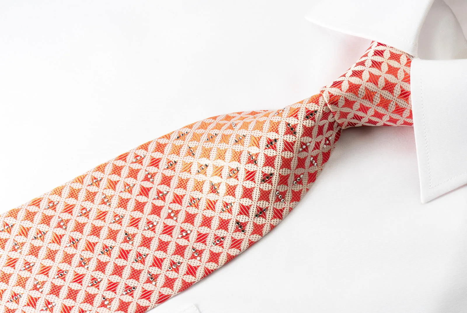 Michiko Koshino Rhinestone Silk Tie Orange Geometric On White With Gold Sparkles