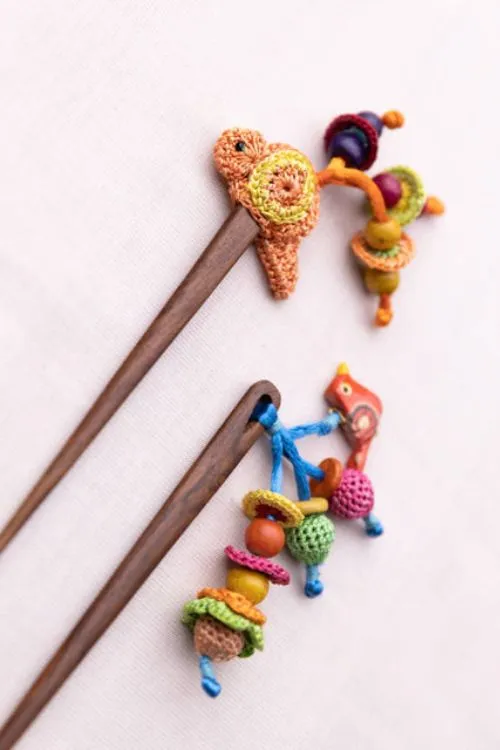 Multicoloured Tasseled Bird Hair Stick (Pair)