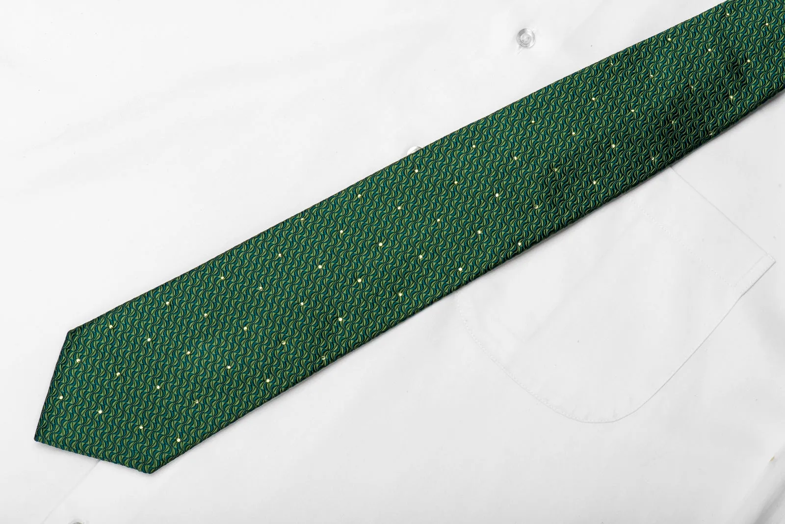 Nina Ricci Men's Crystal Silk Tie Geometric On Green Sparkling With Green Rhinestones