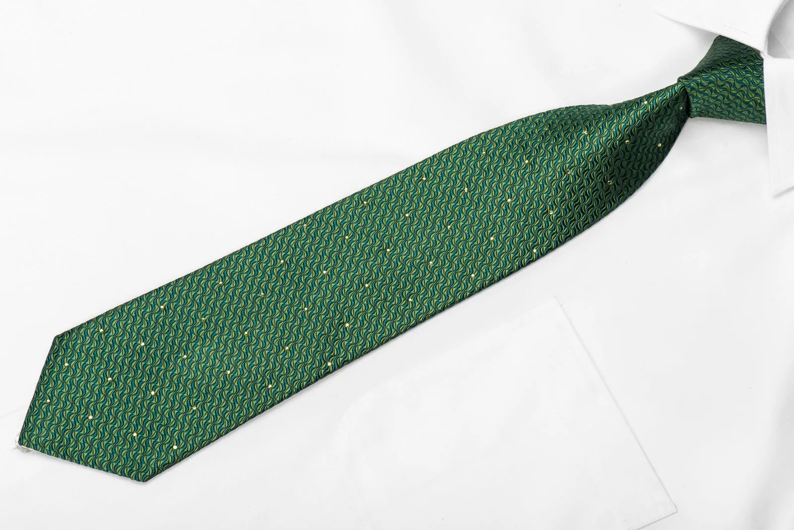 Nina Ricci Men's Crystal Silk Tie Geometric On Green Sparkling With Green Rhinestones