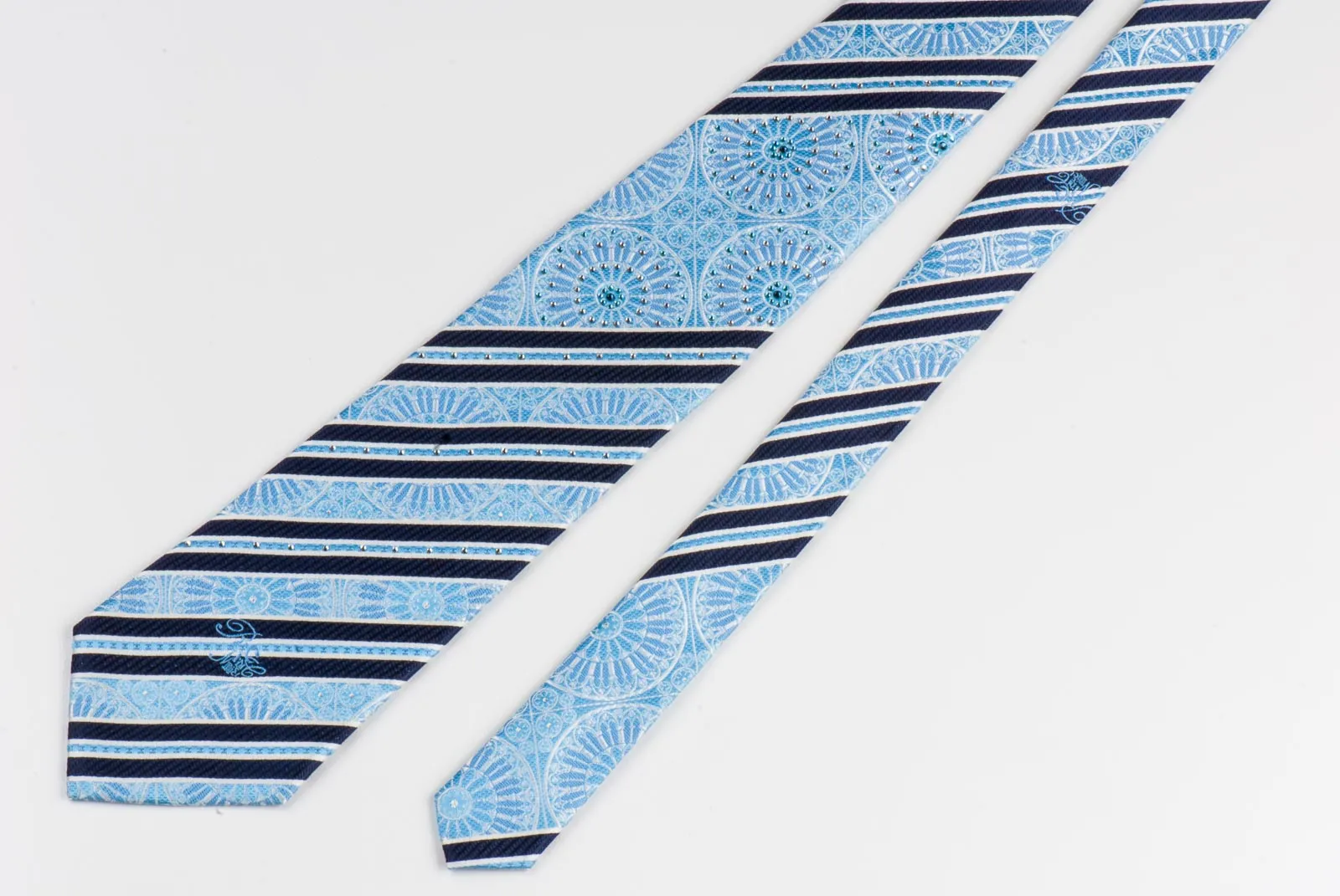 Nina Ricci Neck Tie Stripes & Medallions On Sky Blue Silk With Rhinestones