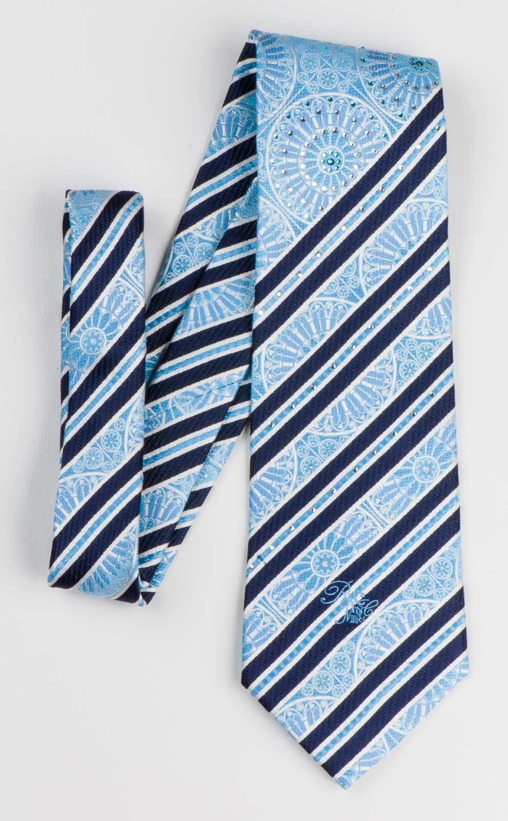 Nina Ricci Neck Tie Stripes & Medallions On Sky Blue Silk With Rhinestones