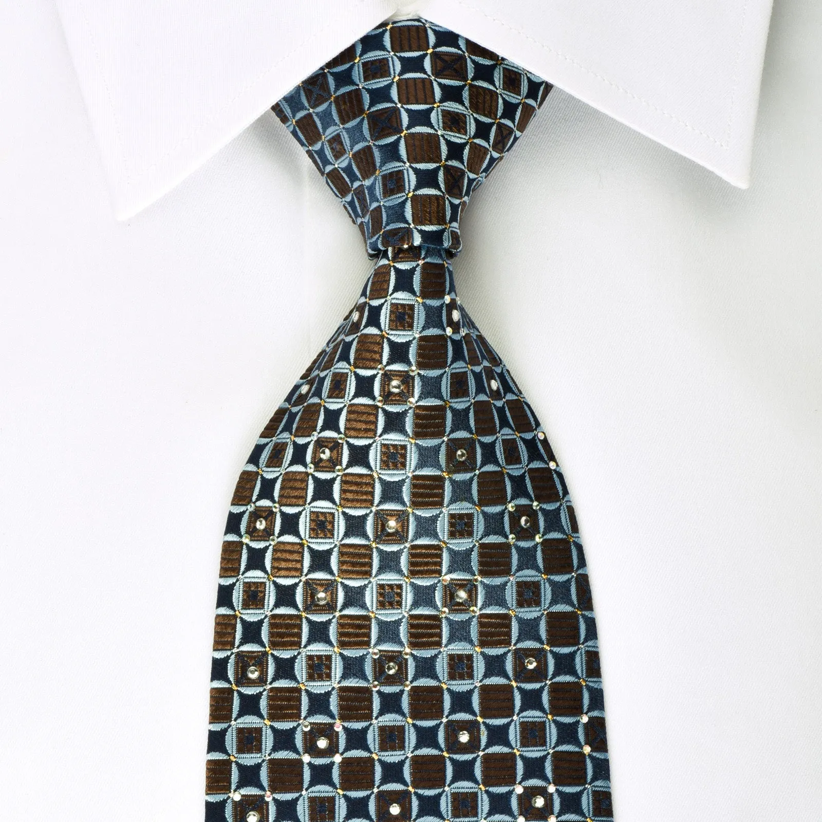 Nina Ricci Rhinestone Silk Tie Geometric On Blue With Golden Sparkles