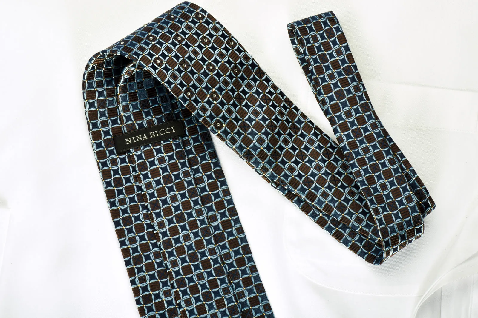 Nina Ricci Rhinestone Silk Tie Geometric On Blue With Golden Sparkles