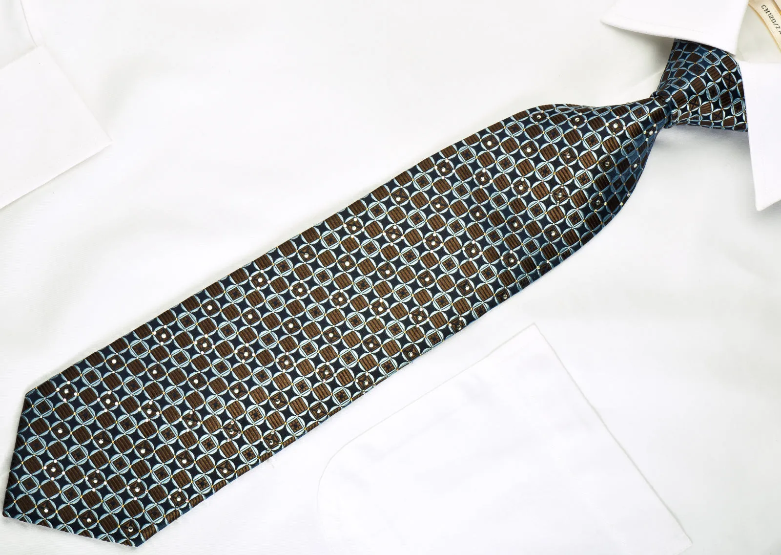 Nina Ricci Rhinestone Silk Tie Geometric On Blue With Golden Sparkles