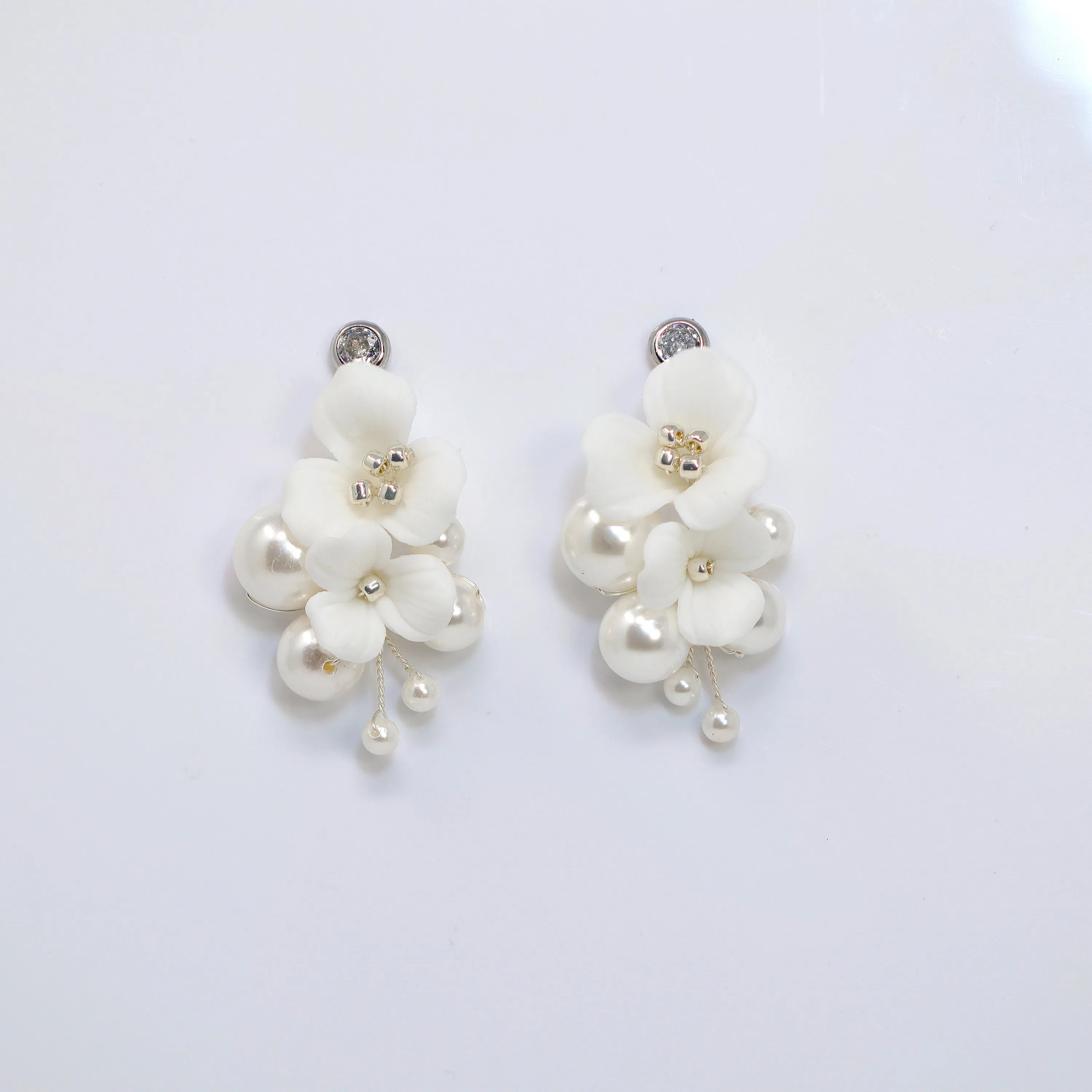 Pearl Dusted White Orchid Blossom Earring , Bridal Ceramic Rose Earring, Bridal Hair Accessories, Wedding Earring.