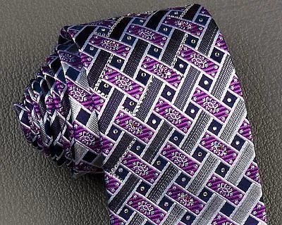 Pierre Cardin Silk Neck Tie Blue Purple Gray Weave Design With Rhinestones