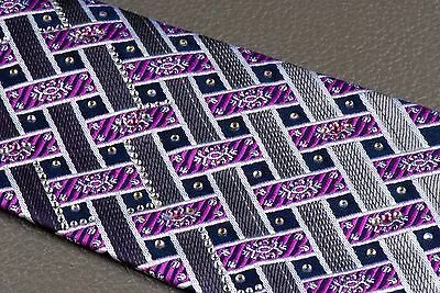 Pierre Cardin Silk Neck Tie Blue Purple Gray Weave Design With Rhinestones