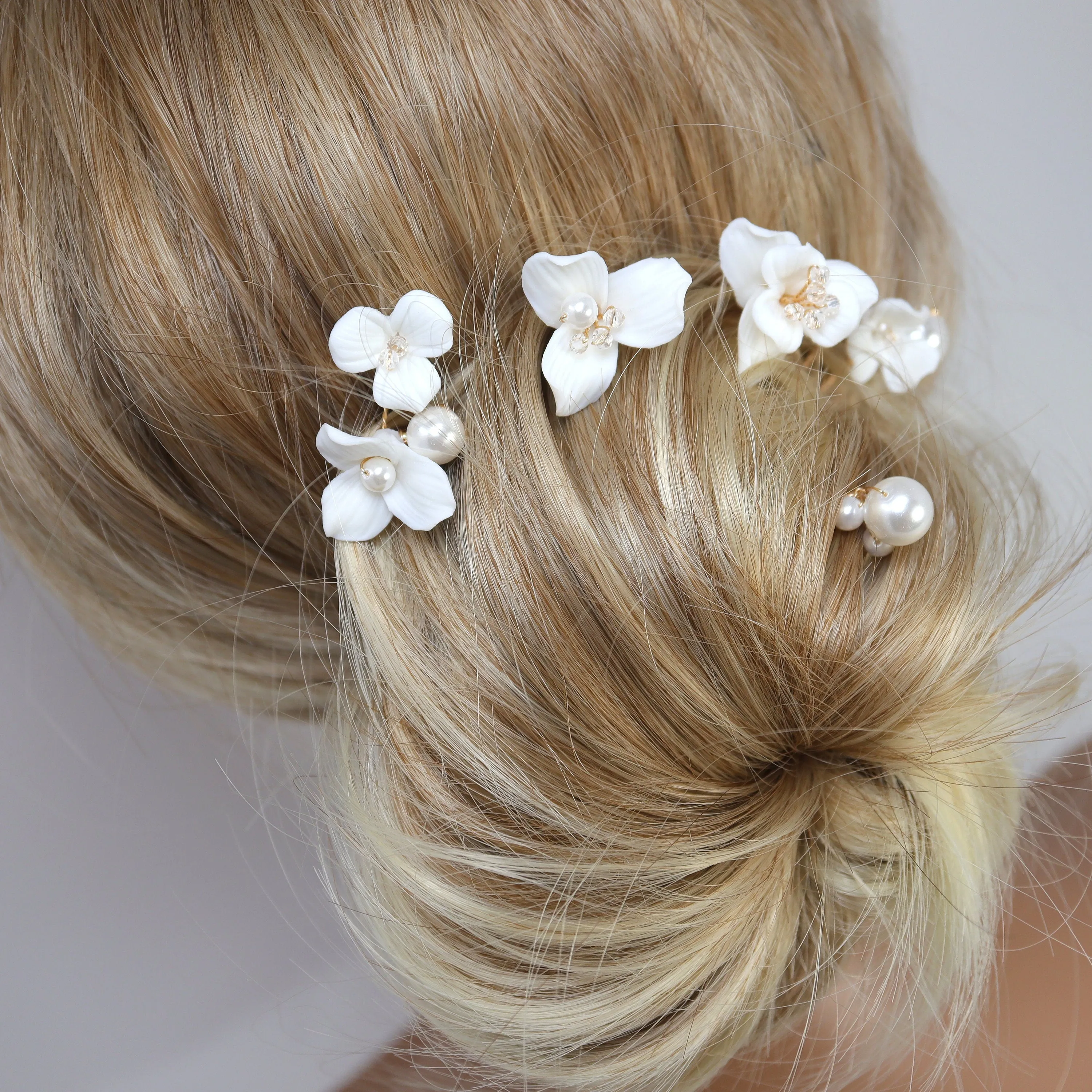 Porcelain White Floral Set Of 6 Pearl Elegance Ensemble Hair Pins Set of 3 , Ceramic Hair pins Set, Bridal Hair Accessories