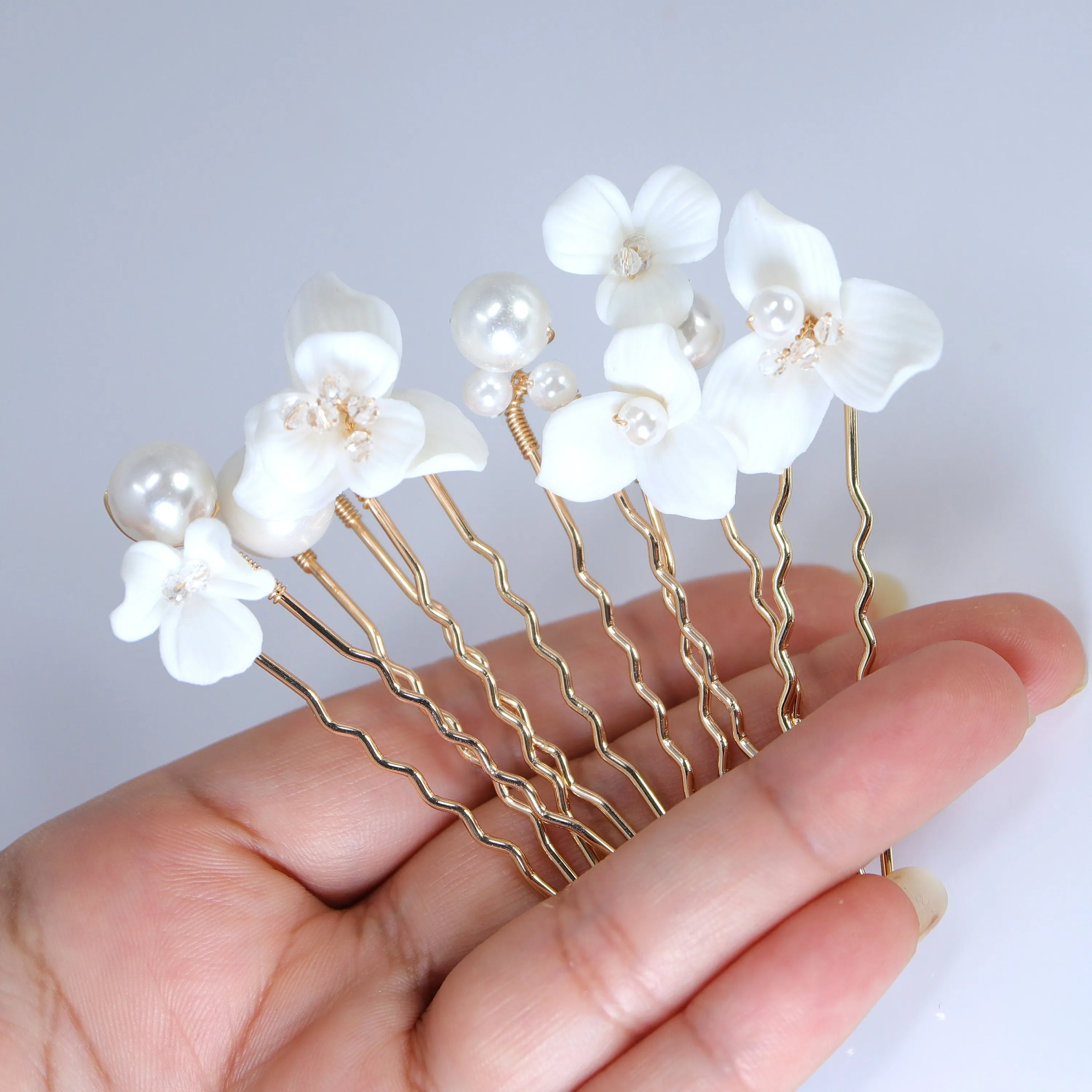 Porcelain White Floral Set Of 6 Pearl Elegance Ensemble Hair Pins Set of 3 , Ceramic Hair pins Set, Bridal Hair Accessories