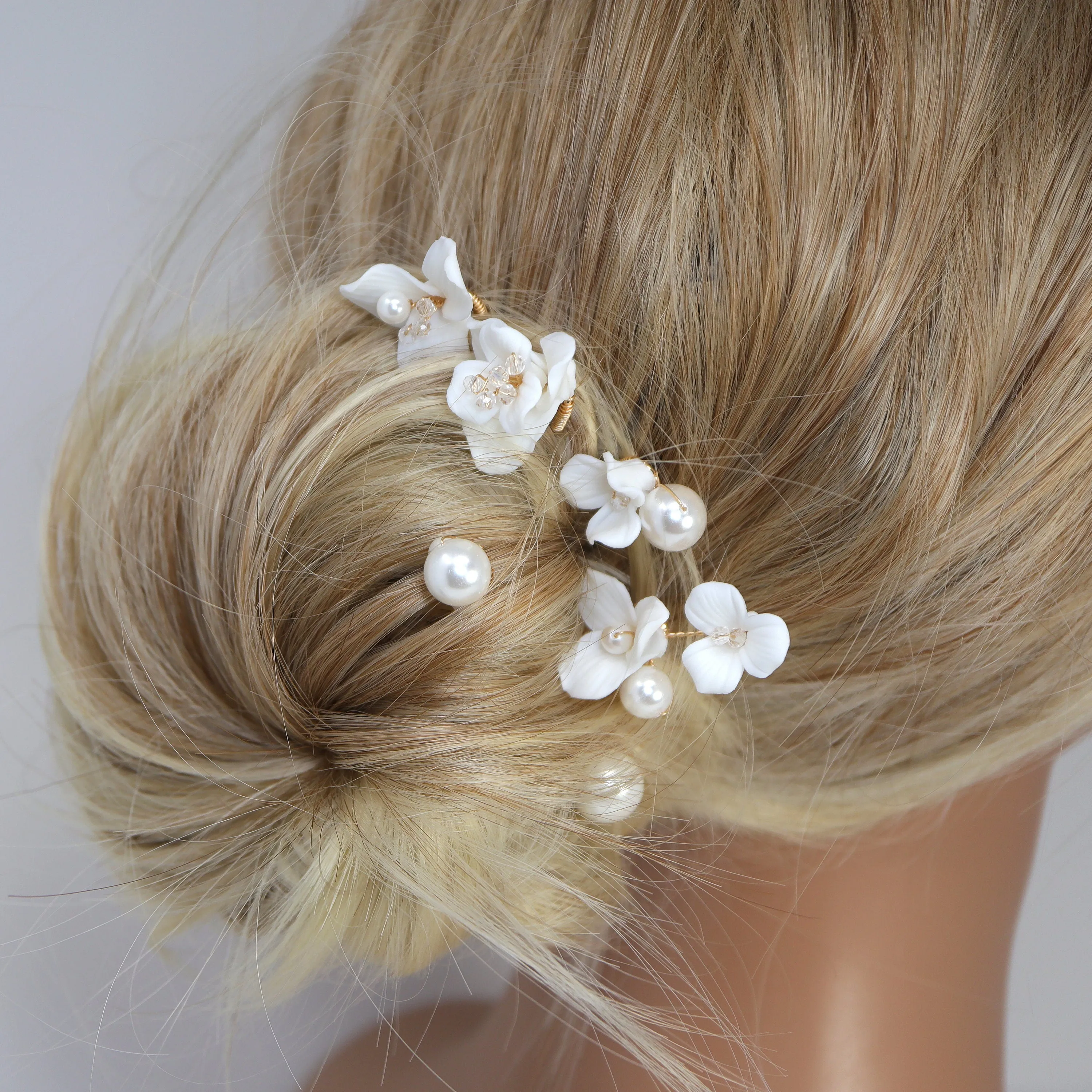 Porcelain White Floral Set Of 6 Pearl Elegance Ensemble Hair Pins Set of 3 , Ceramic Hair pins Set, Bridal Hair Accessories