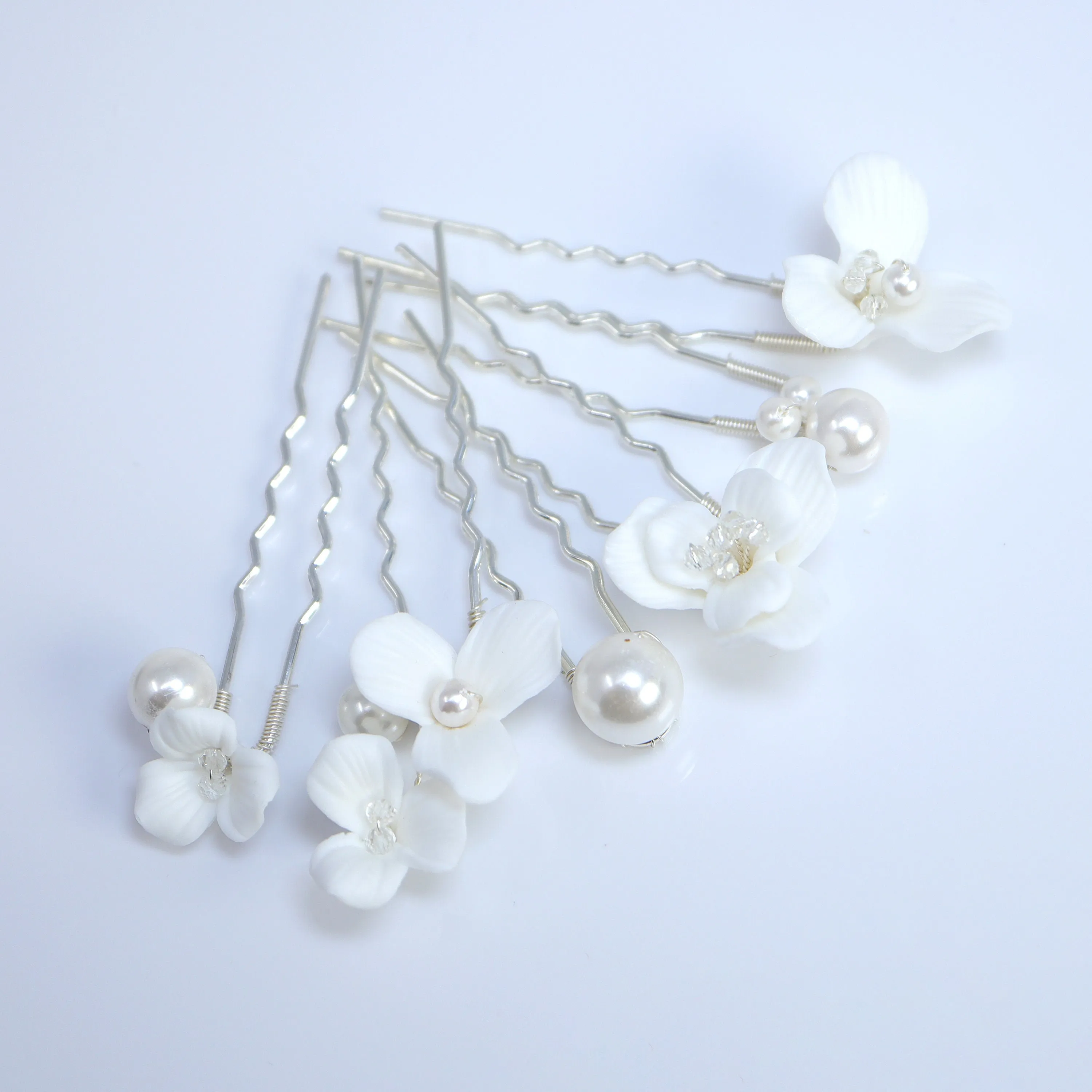 Porcelain White Floral Set Of 6 Pearl Elegance Ensemble Hair Pins Set of 3 , Ceramic Hair pins Set, Bridal Hair Accessories