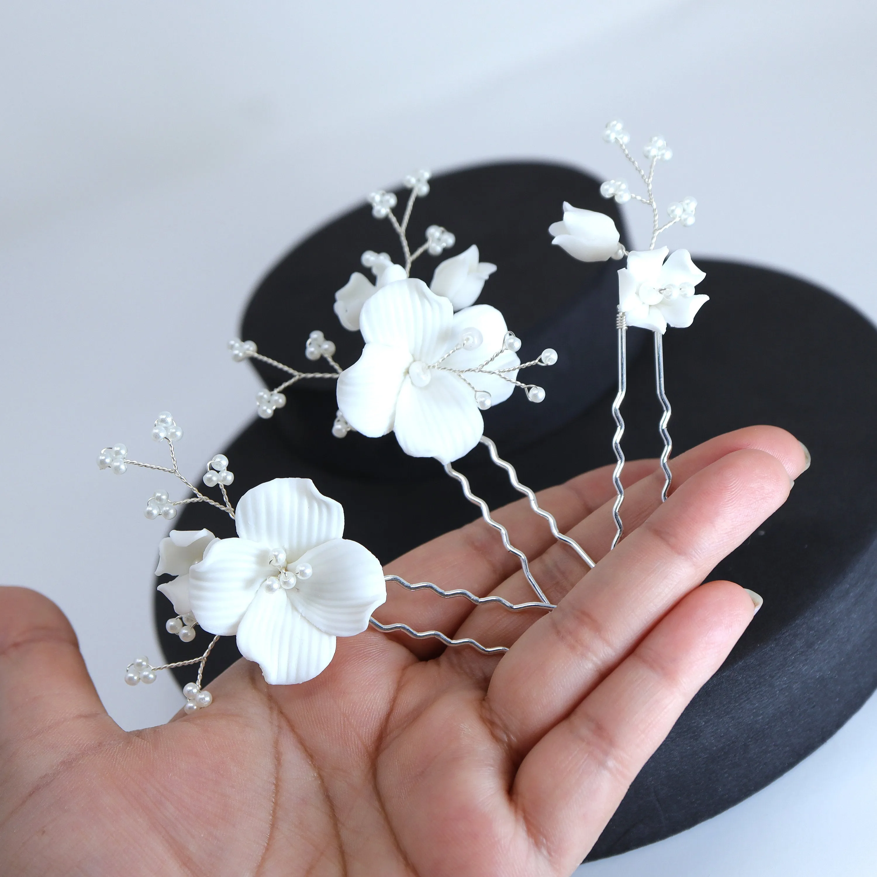 Porcelain White Floral Vine Garden Pearl Elegance Ensemble Hair Pins Set of 3 , Ceramic Hair pins Set, Bridal Hair Accessories